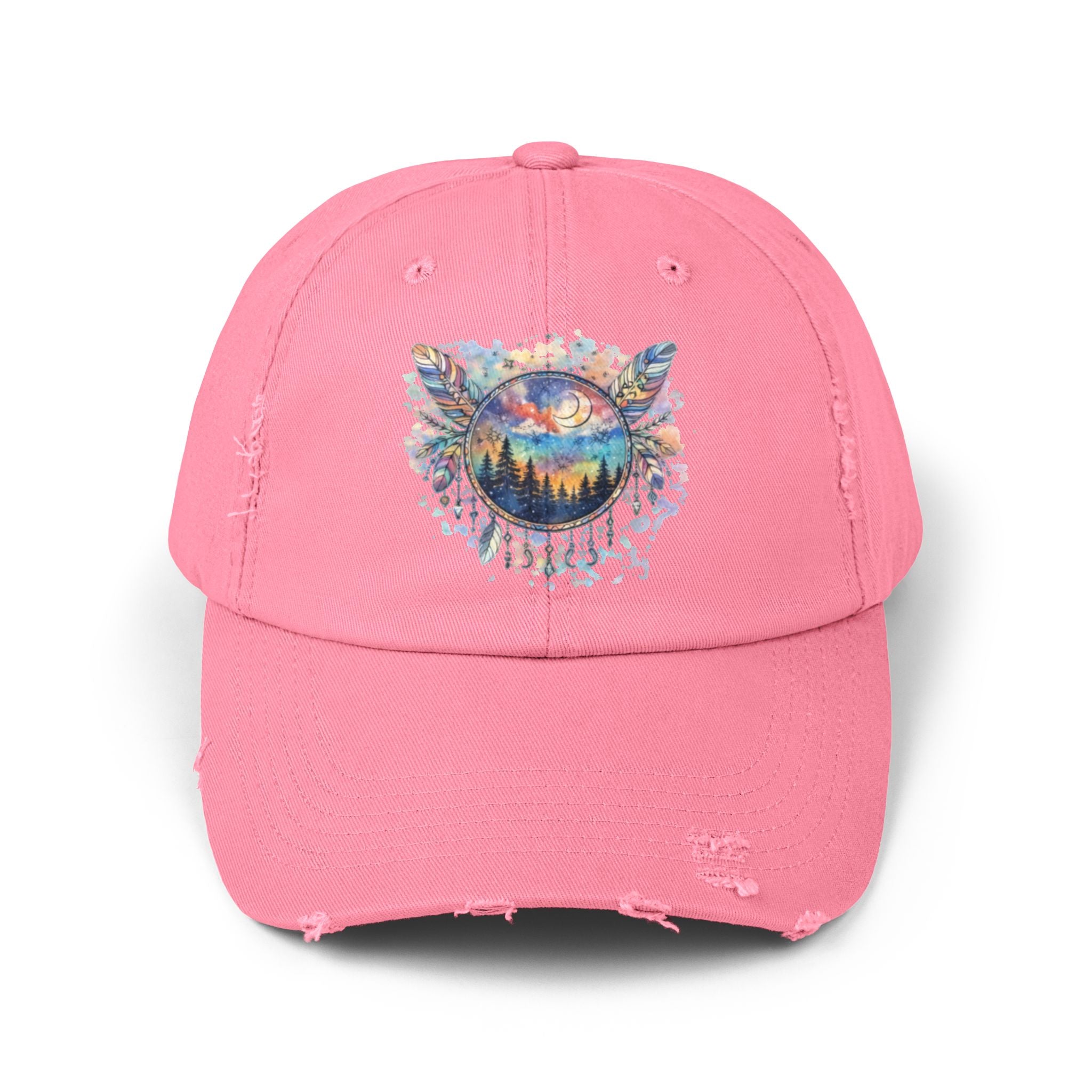 Wolf Moon Distressed Cap — Watercolor Nightscape Hat
