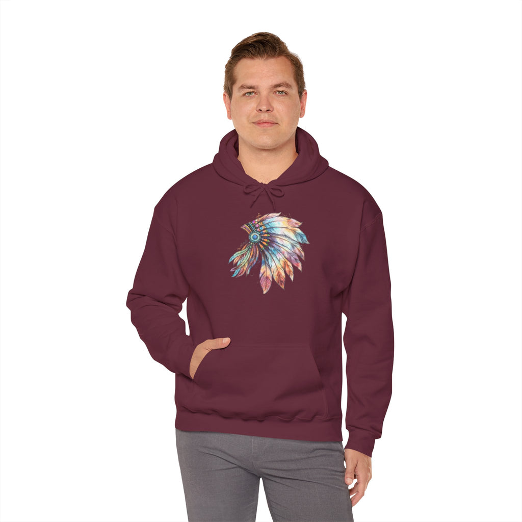 Colorful Feather Headdress Hoodie — Vibrant Native-Inspired Graphic Sweatshirt