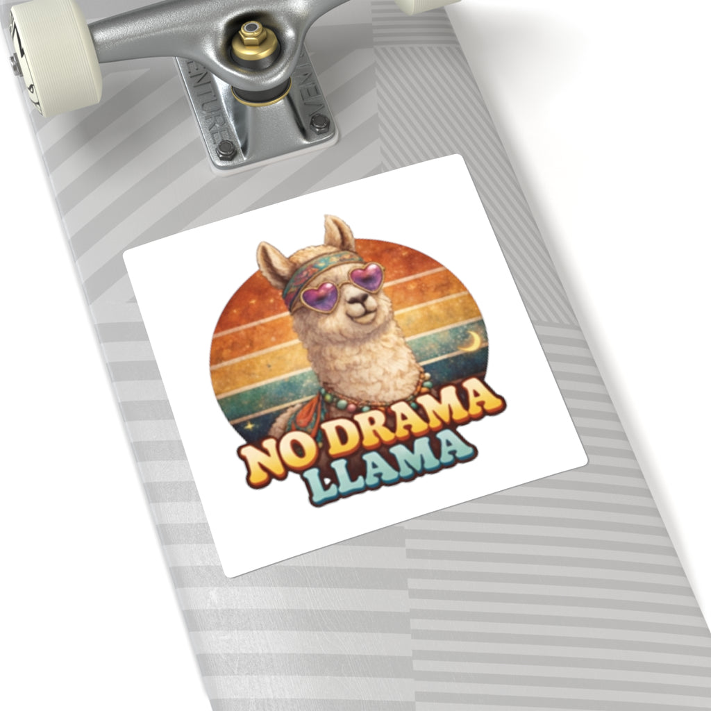No Drama Llama Square Sticker — Retro Hippie Alpaca Decal