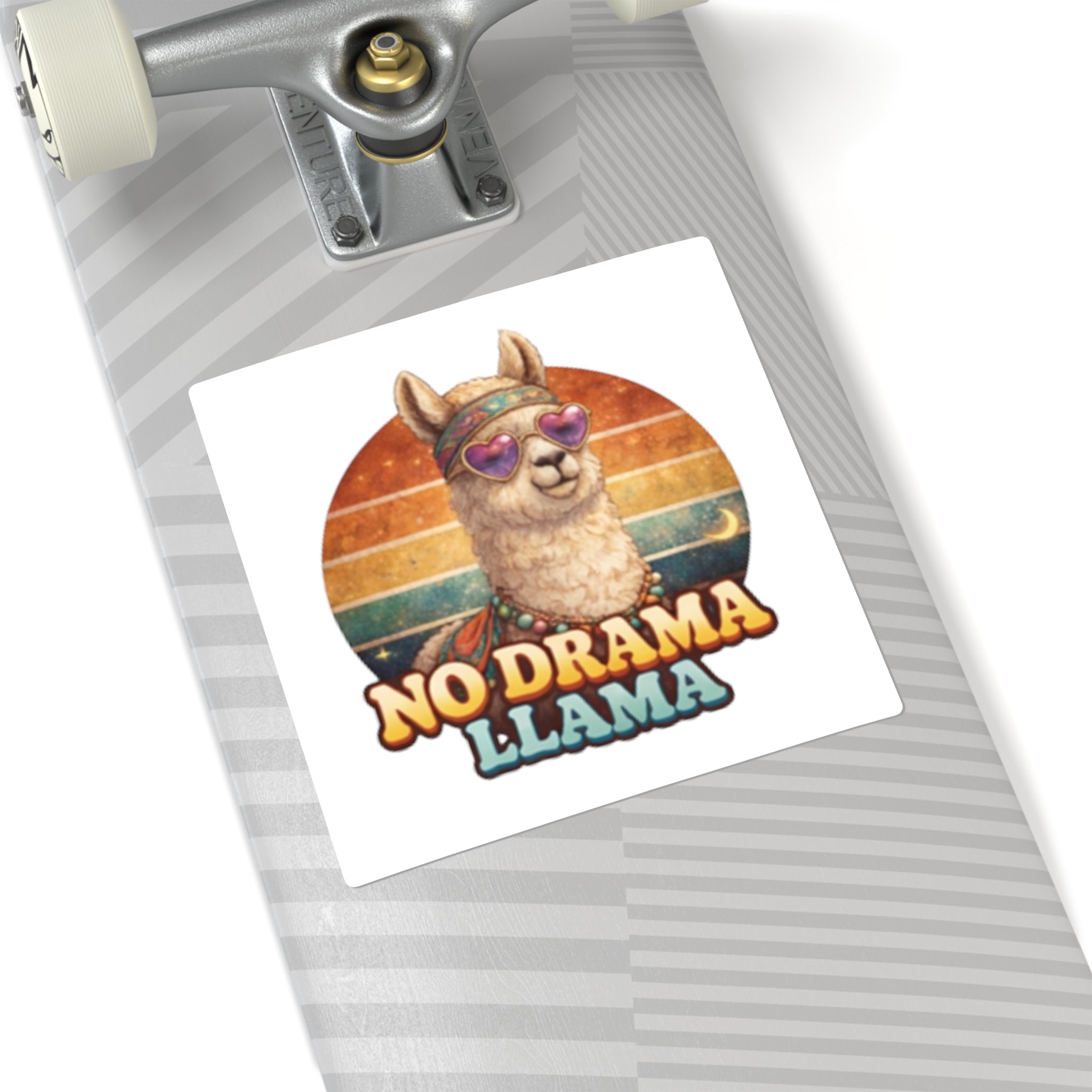 No Drama Llama Square Sticker — Retro Hippie Alpaca Decal