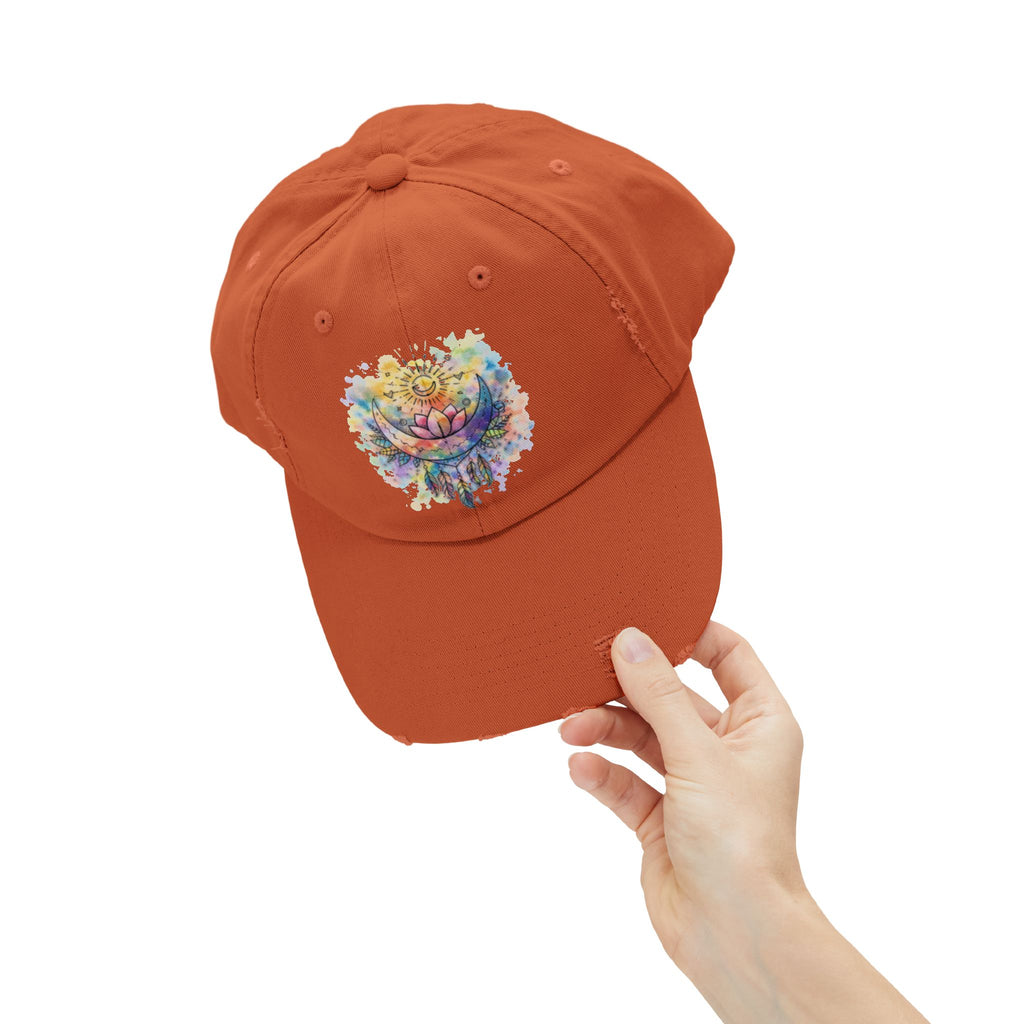 Distressed Cap with Watercolor Lotus & Crescent Moon — Boho Yoga Hat