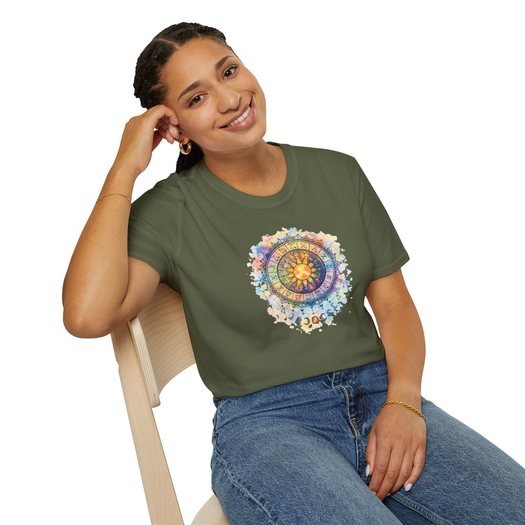 Sun & Moon Zodiac T-Shirt — Watercolor Astrological Mandala Tee