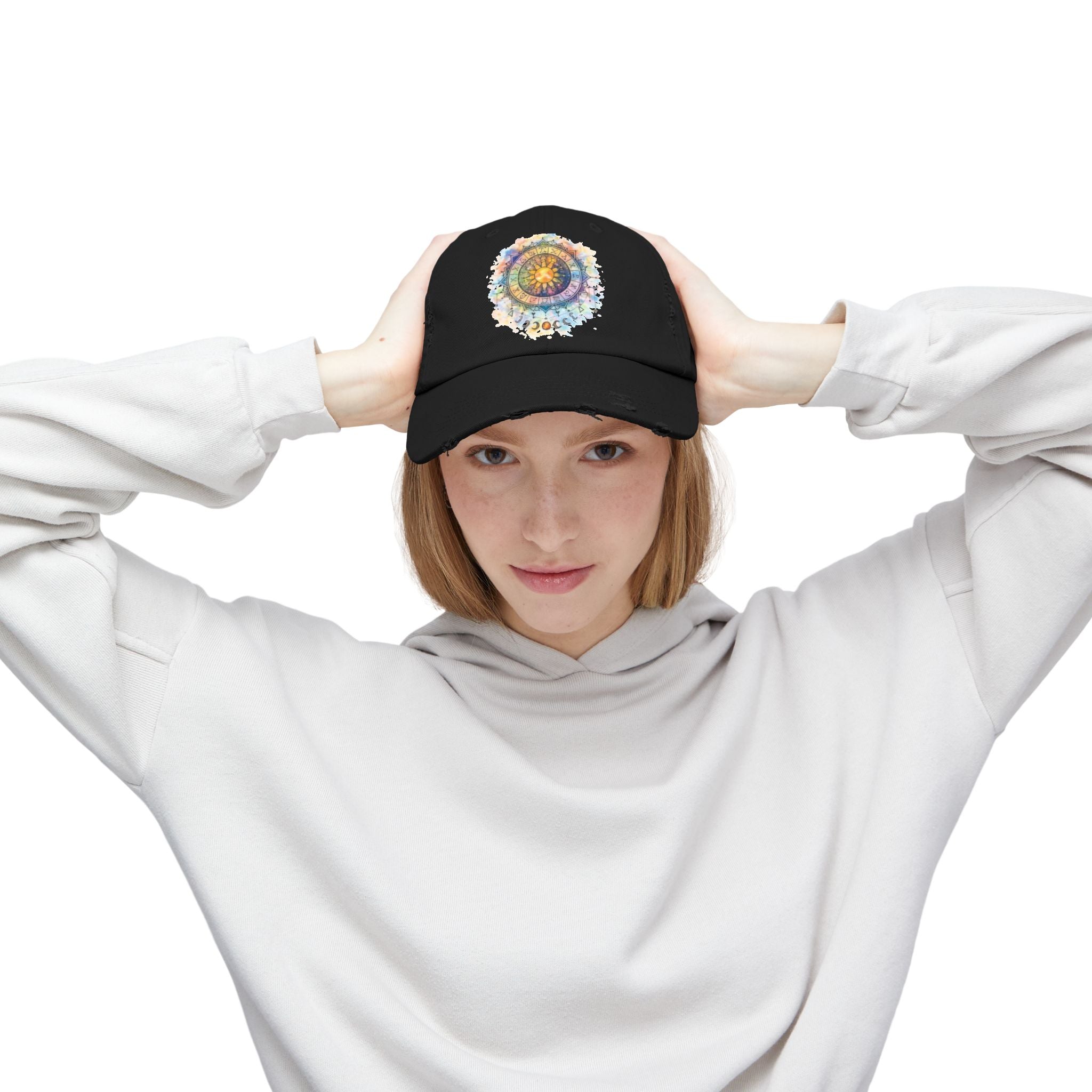 Distressed Cap — Watercolor Compass Mandala Hat