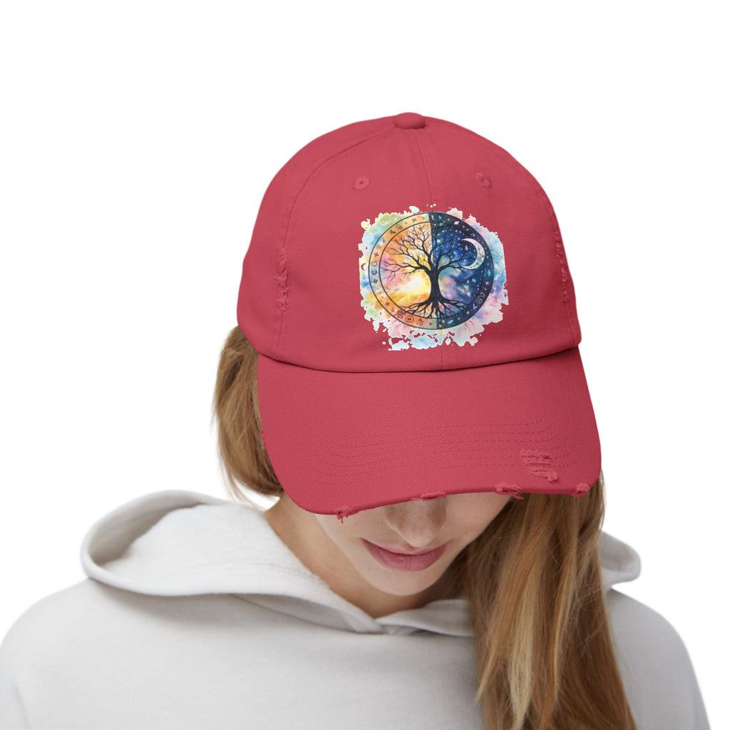 Distressed Cap — Watercolor Yin Yang Tree Baseball Hat