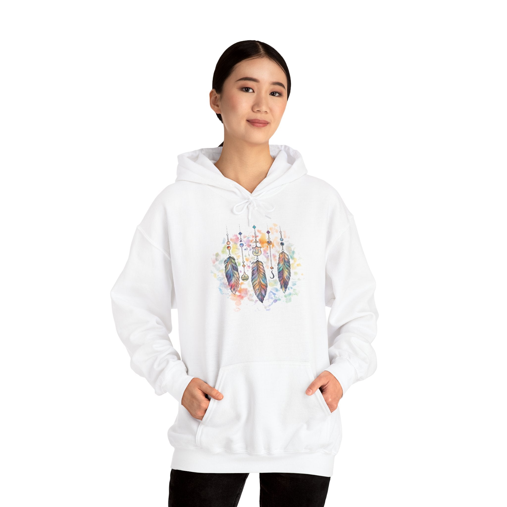Boho Feather Dreamcatcher Hoodie — Watercolor Tribal Feathers Pullover