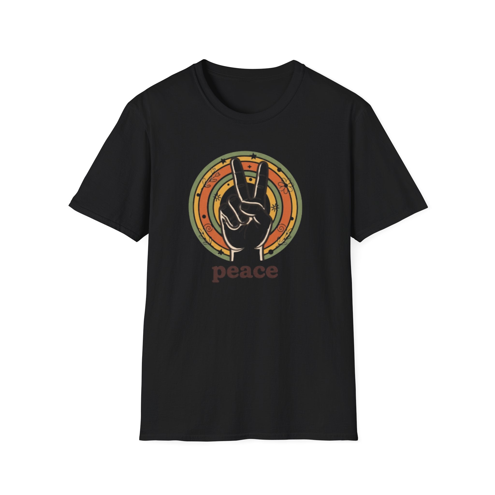 Peace Hand Sign T-Shirt | Retro Rainbow Circle, Vintage Hippie Vibe
