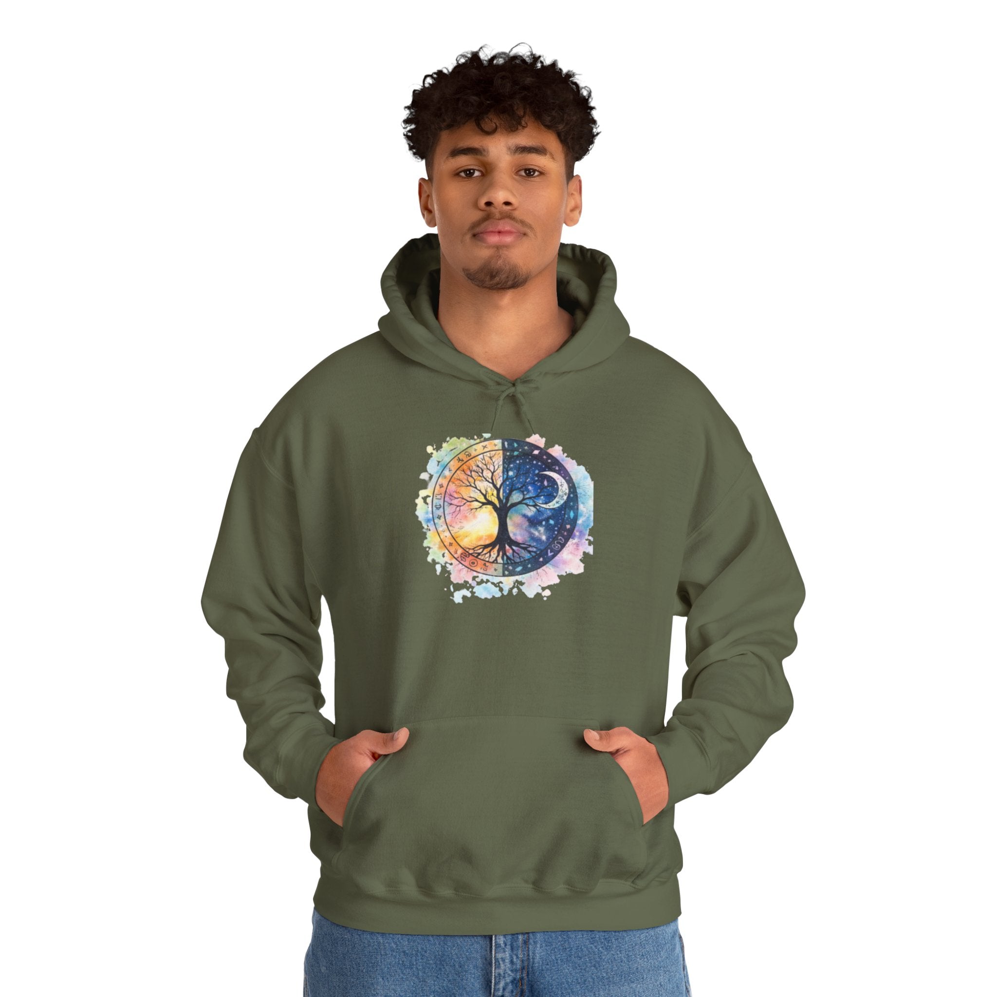 Yin Yang Tree Of Life Hoodie — Colorful Sun & Moon Spiritual Pullover