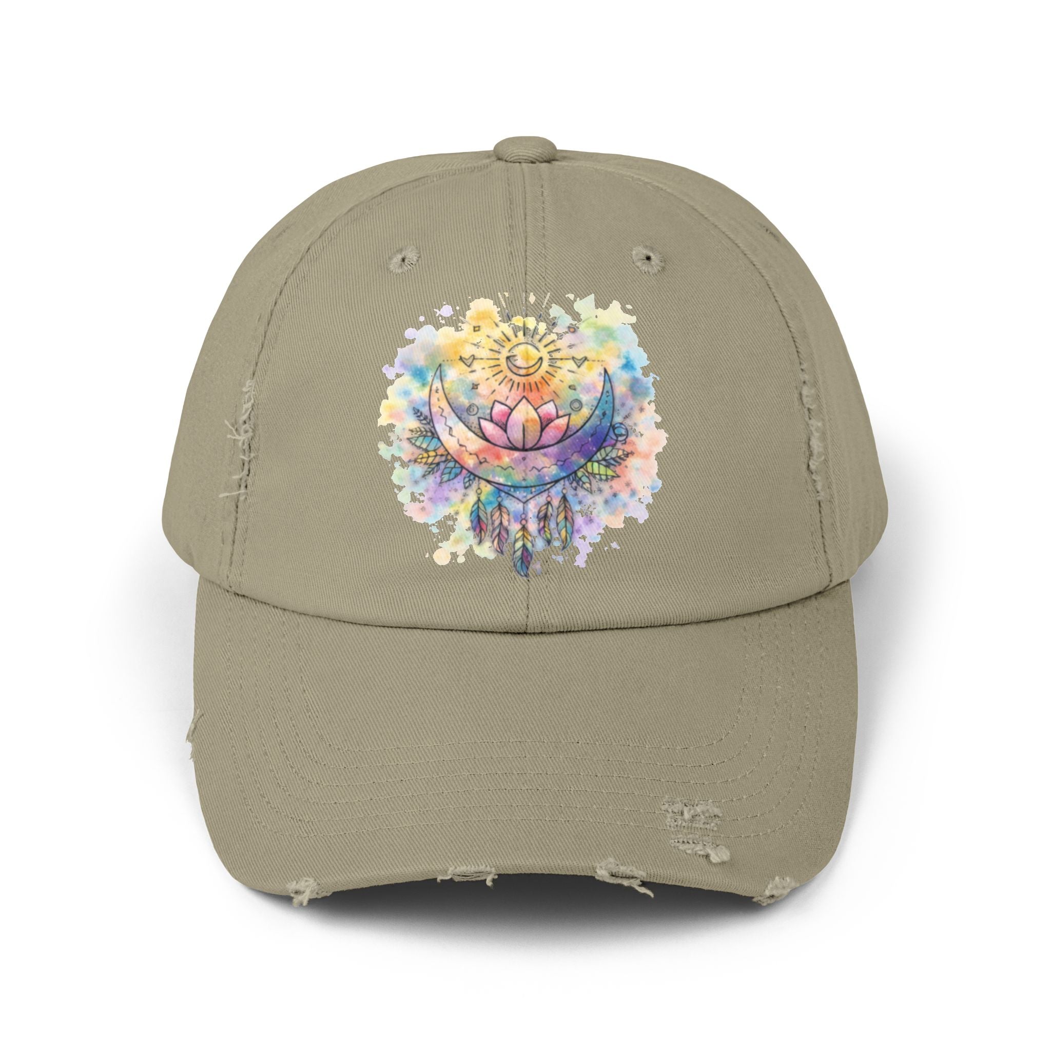 Distressed Cap with Watercolor Lotus & Crescent Moon — Boho Yoga Hat
