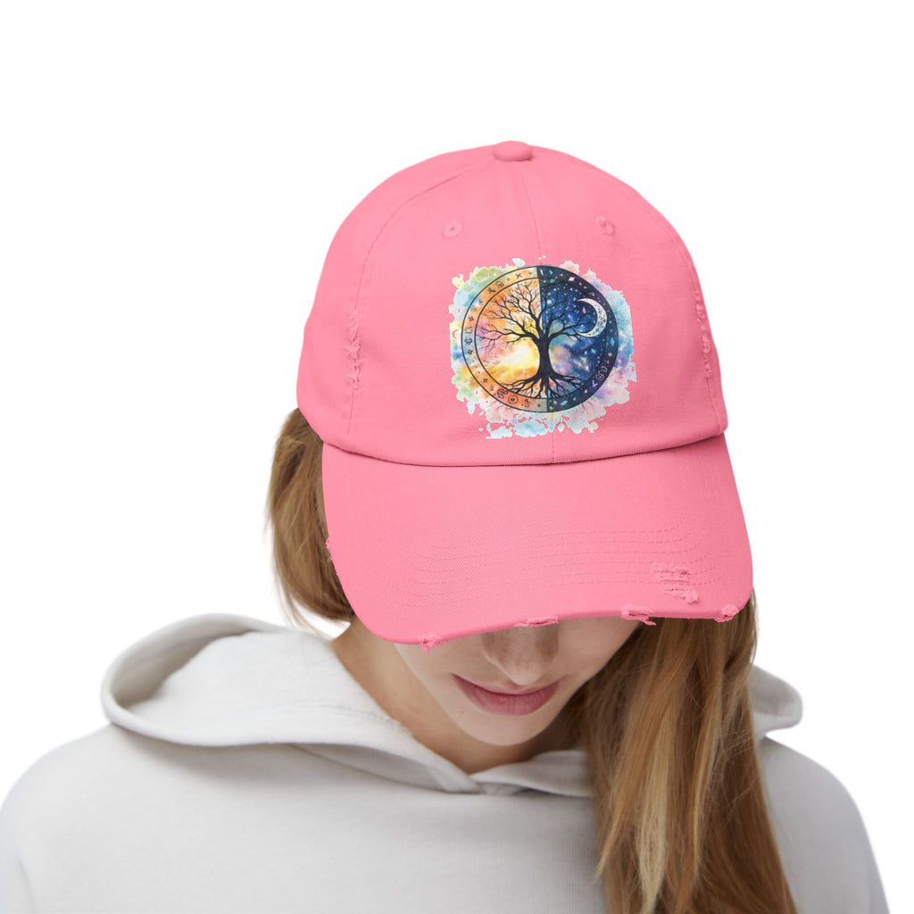 Distressed Cap — Watercolor Yin Yang Tree Baseball Hat