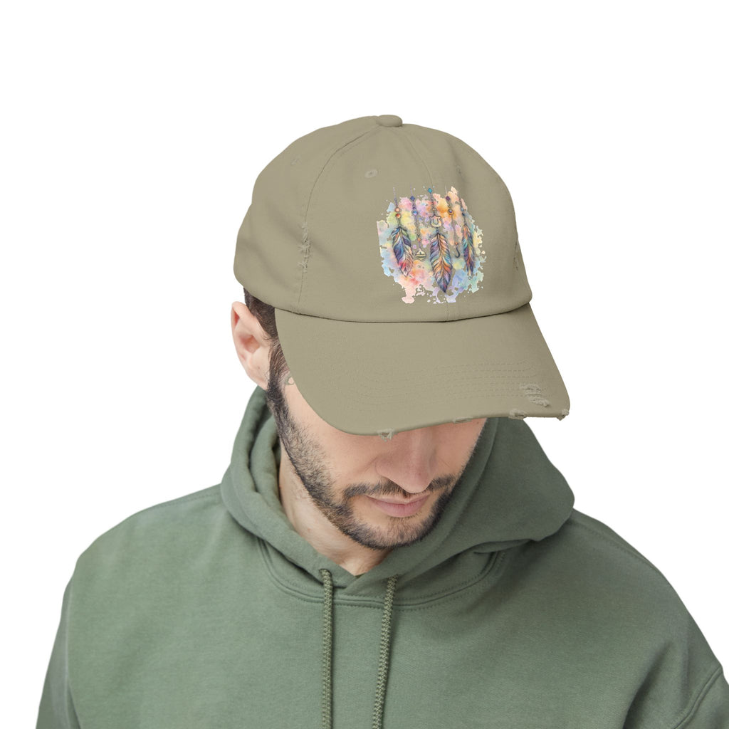 Distressed Cap with Watercolor Dreamcatcher Design