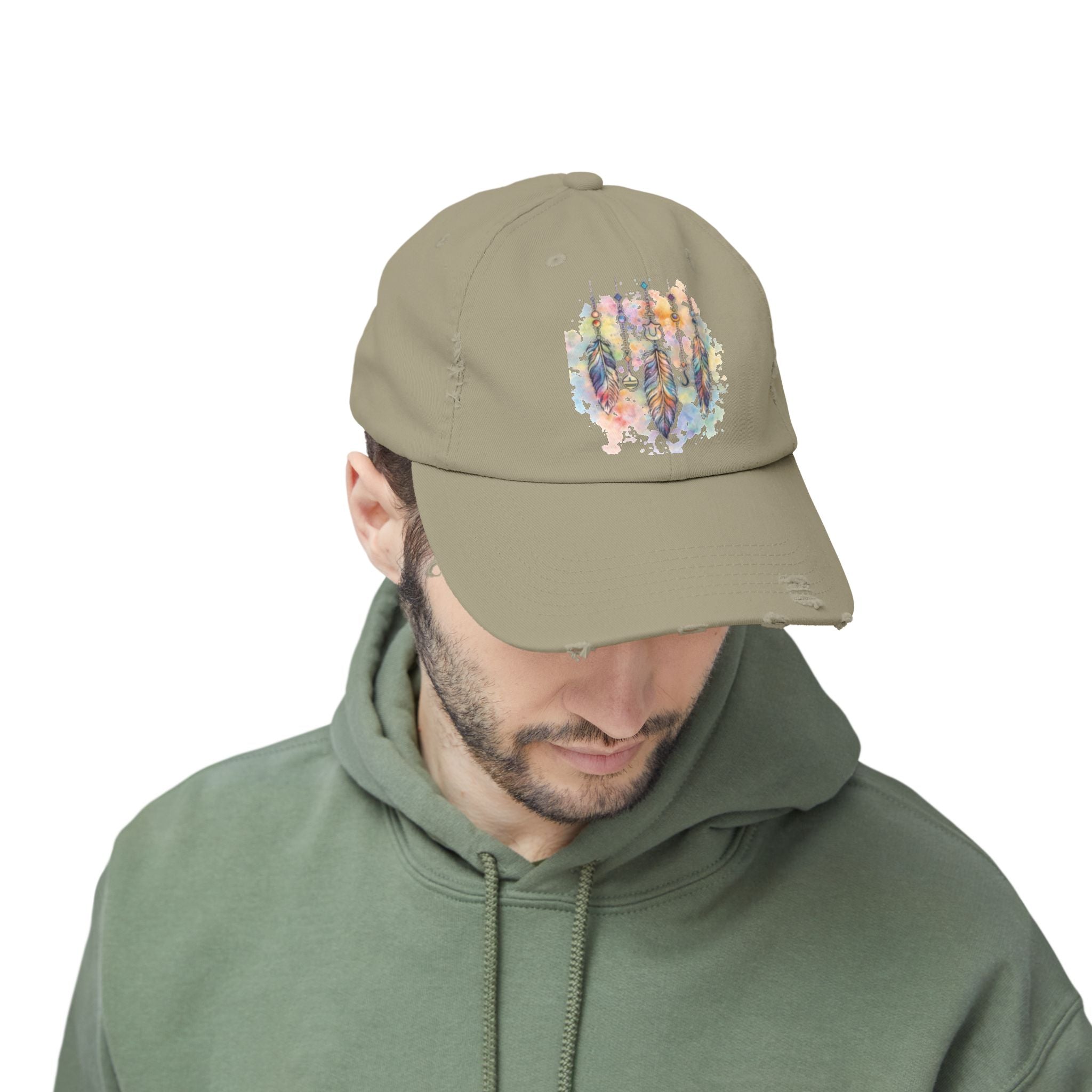 Distressed Cap with Watercolor Dreamcatcher Design