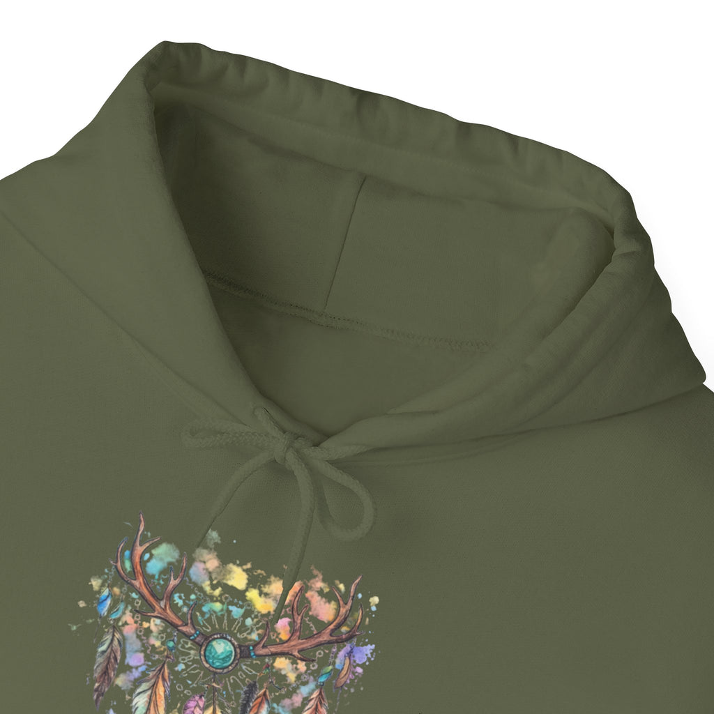 Dreamcatcher Antler Hoodie — Watercolor Feathers & Floral Boho Sweatshirt