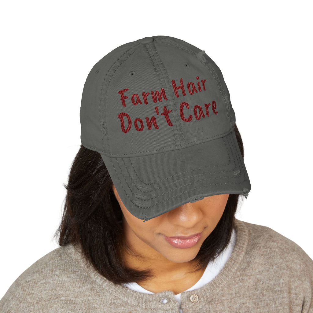 Distressed Dad Hat — "Farm Hair Don’t Care" Embroidered Cap