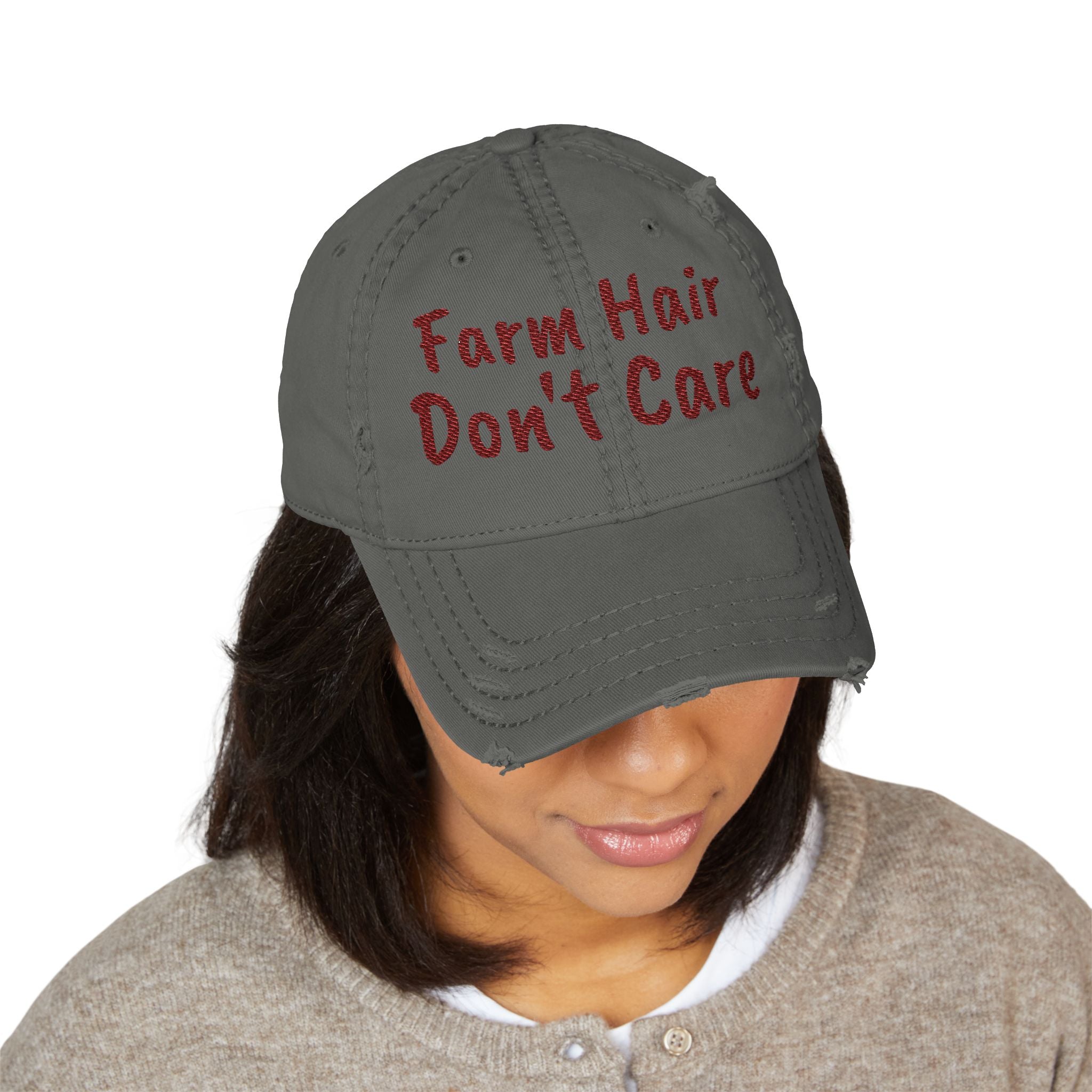 Distressed Dad Hat — "Farm Hair Don’t Care" Embroidered Cap