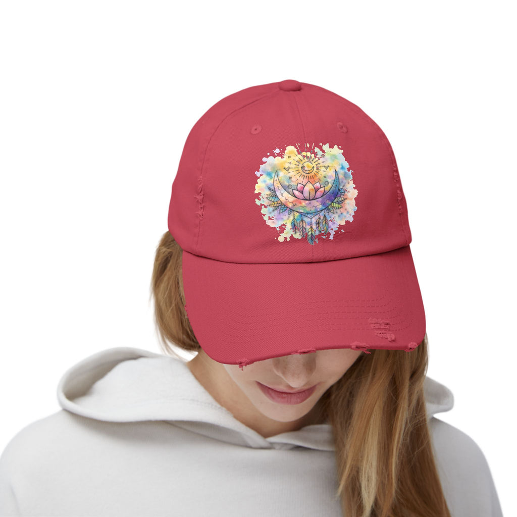Distressed Cap with Watercolor Lotus & Crescent Moon — Boho Yoga Hat