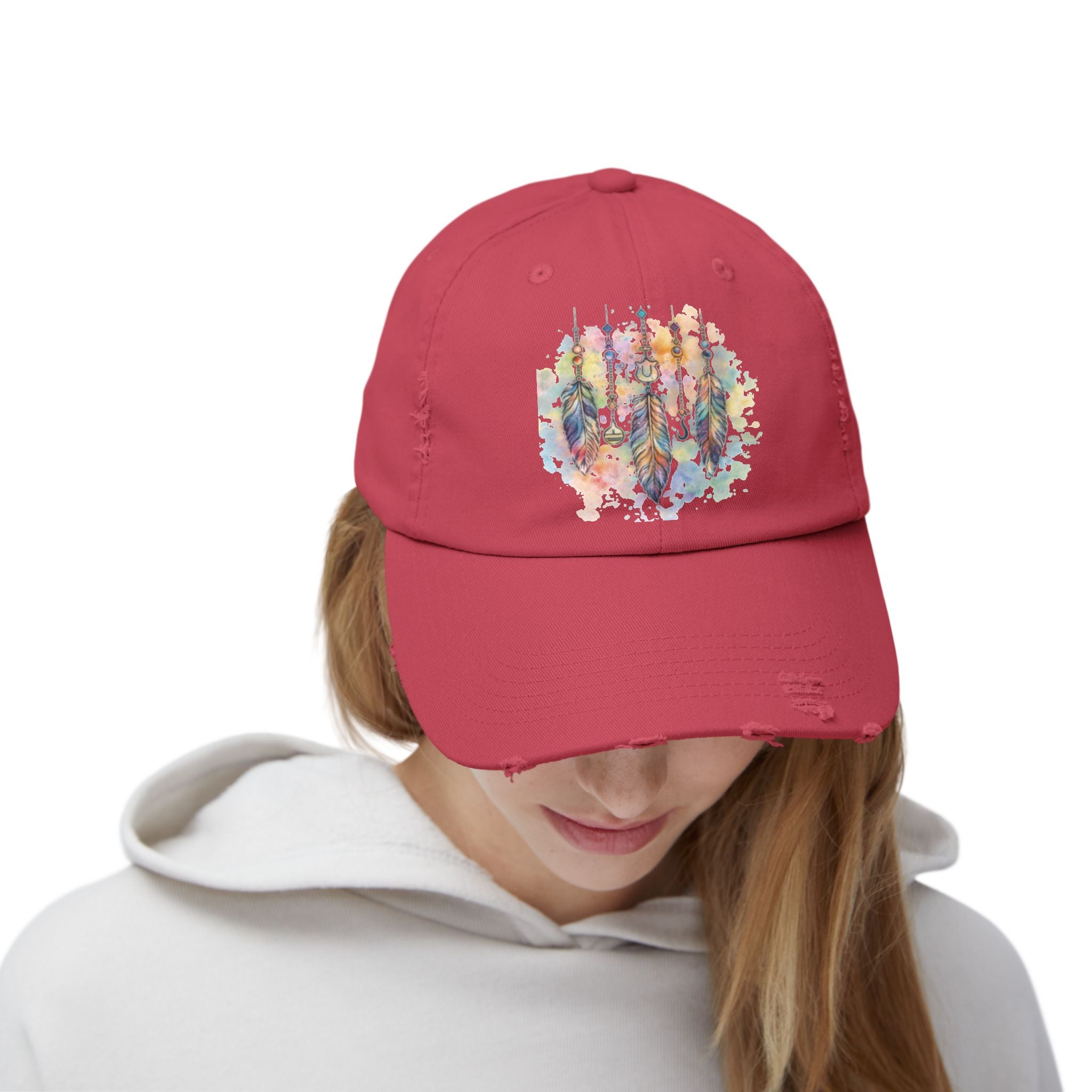 Distressed Cap with Watercolor Dreamcatcher Design