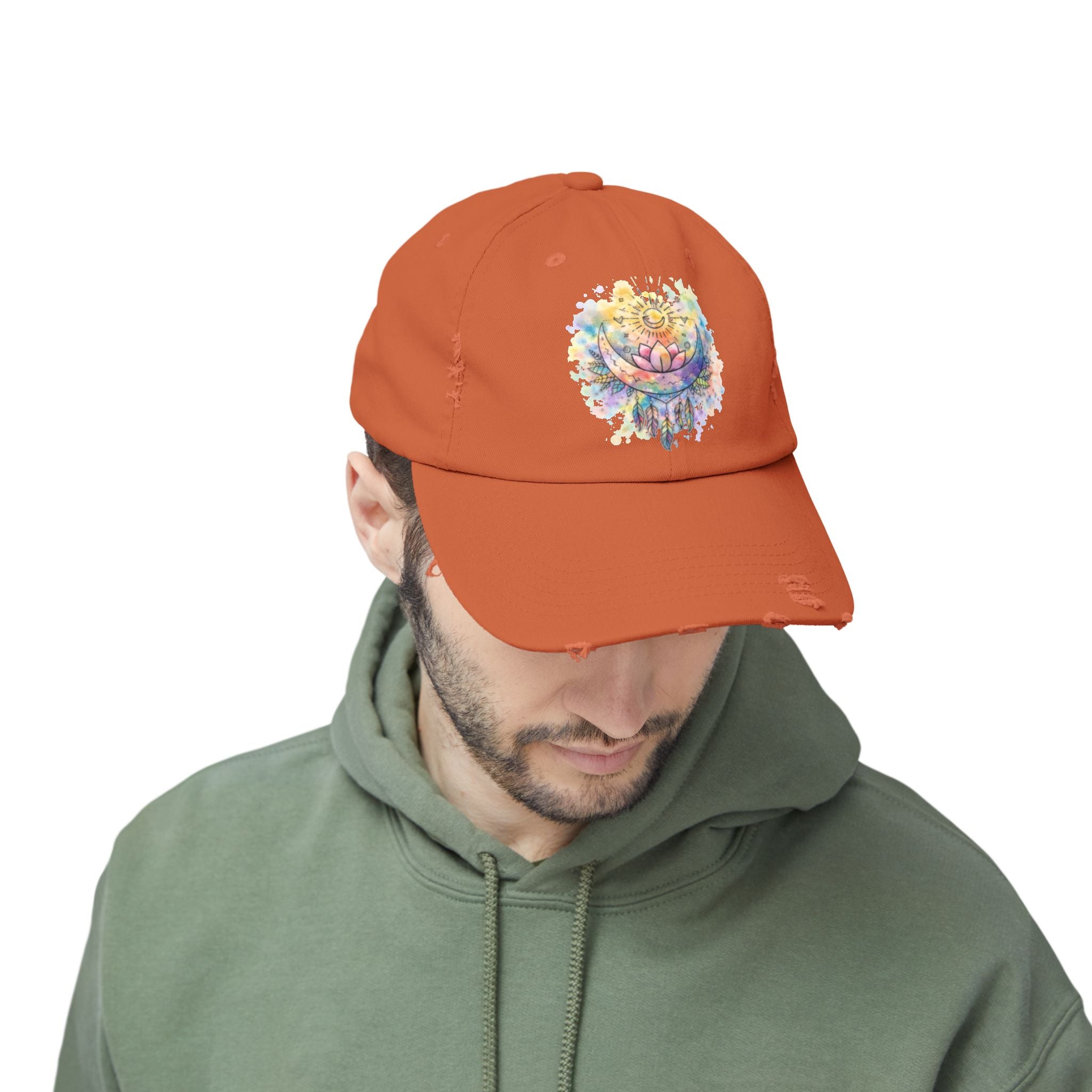 Distressed Cap with Watercolor Lotus & Crescent Moon — Boho Yoga Hat