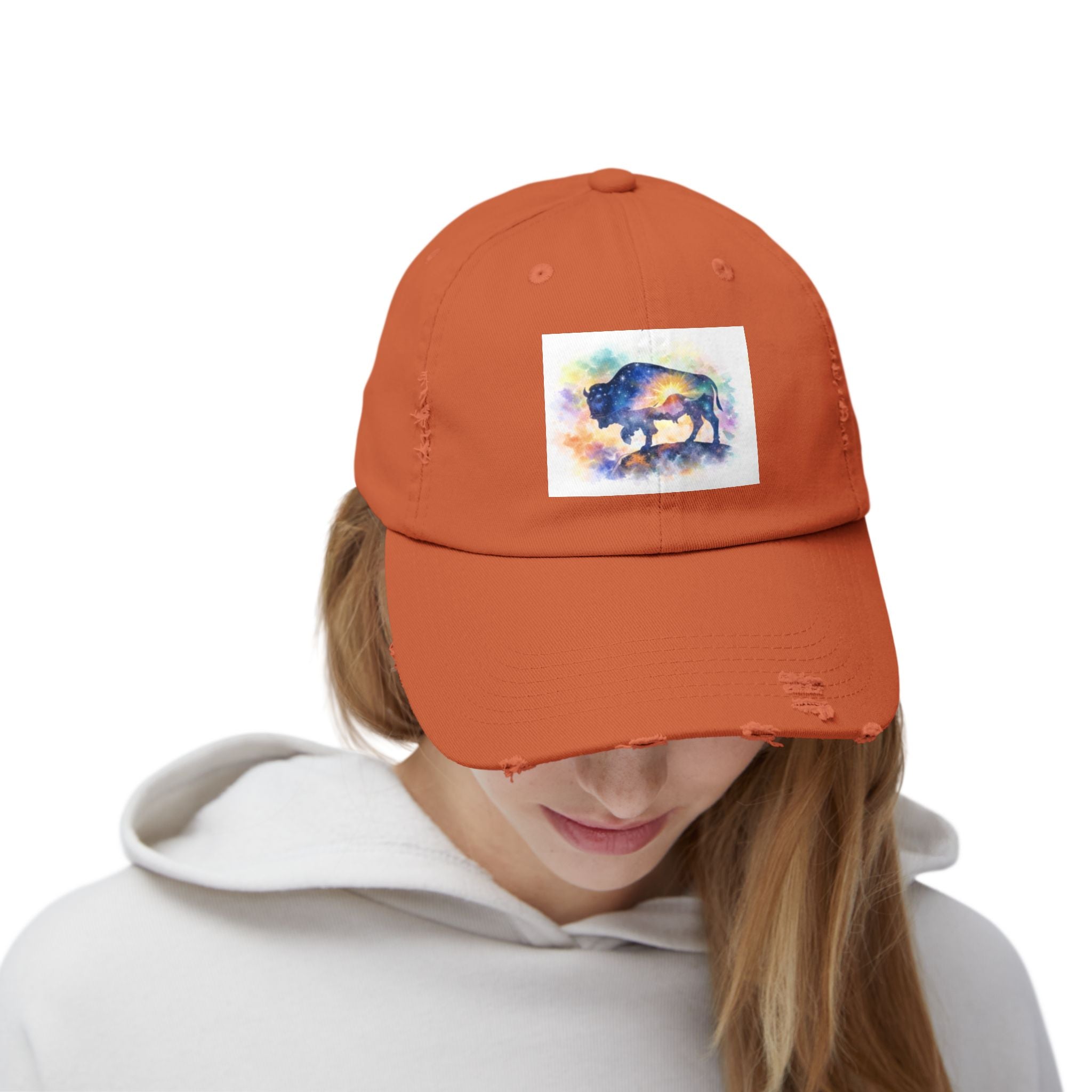Distressed Buffalo Cap — Watercolor Bison Patch Hat