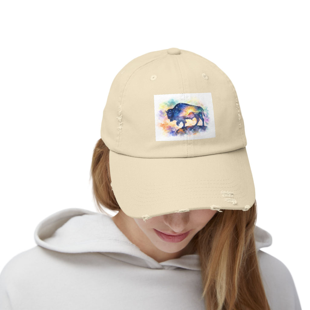 Distressed Buffalo Cap — Watercolor Bison Patch Hat
