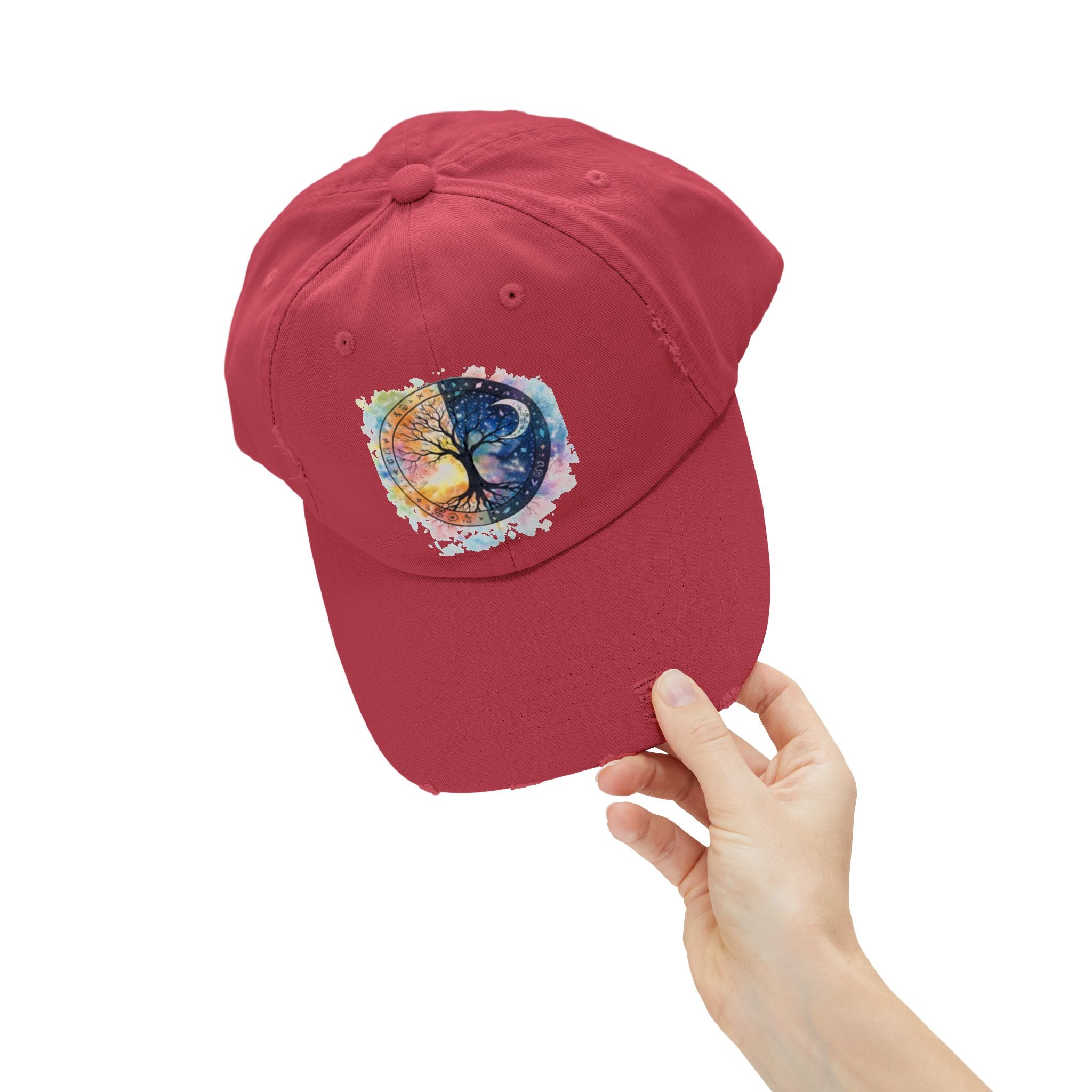 Distressed Cap — Watercolor Yin Yang Tree Baseball Hat