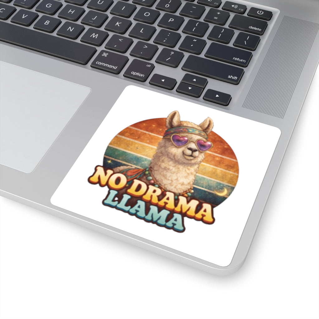 No Drama Llama Square Sticker — Retro Hippie Alpaca Decal