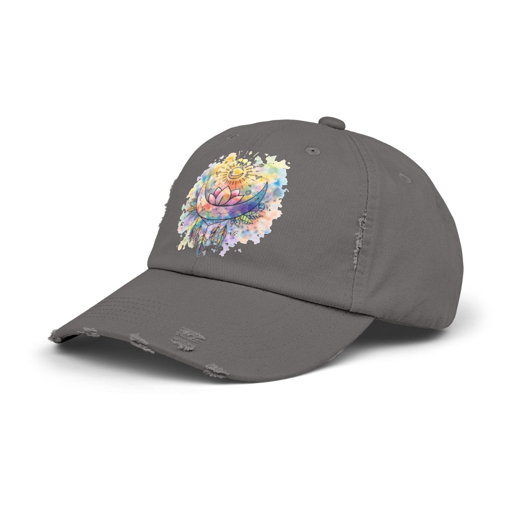 Distressed Cap with Watercolor Lotus & Crescent Moon — Boho Yoga Hat
