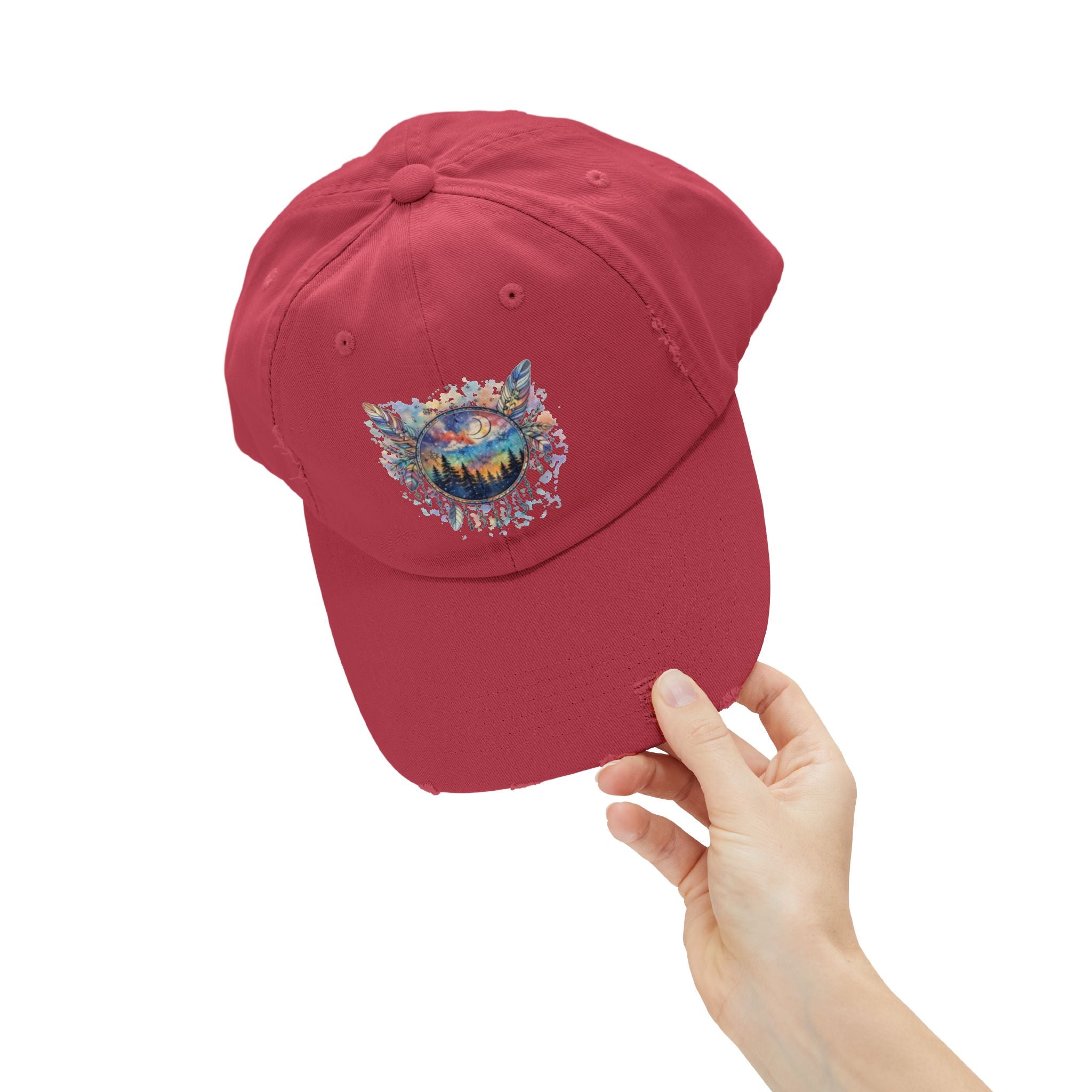 Wolf Moon Distressed Cap — Watercolor Nightscape Hat
