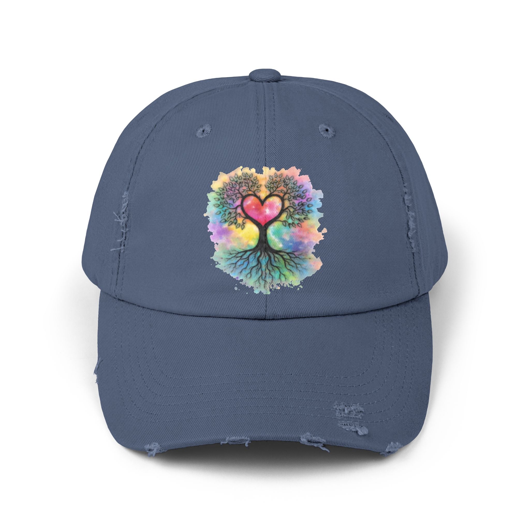 Distressed Dad Hat with Colorful Heart Tree Of Life  Design — Boho Love Cap