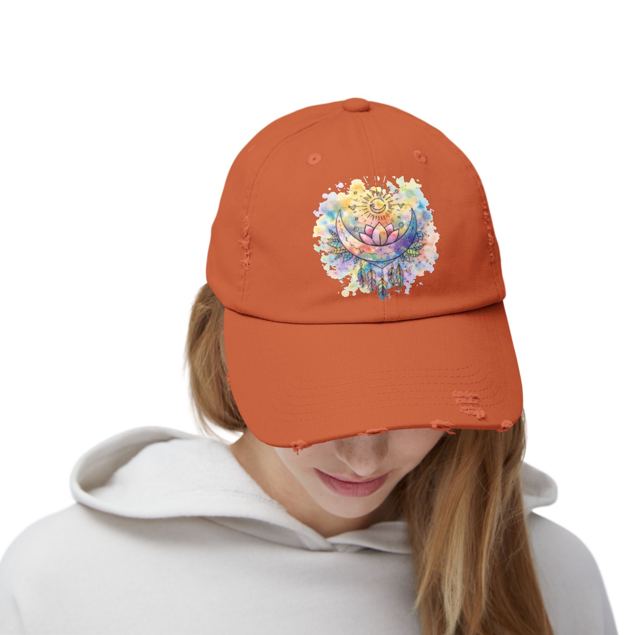 Distressed Cap with Watercolor Lotus & Crescent Moon — Boho Yoga Hat