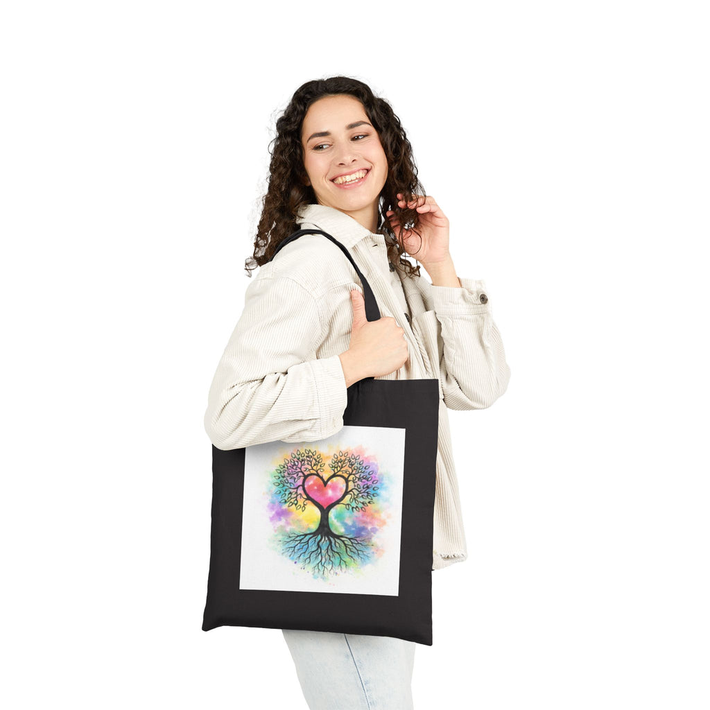 Rainbow Heart Tree Tote Bag | Cotton Canvas Tote, Boho Nature Design