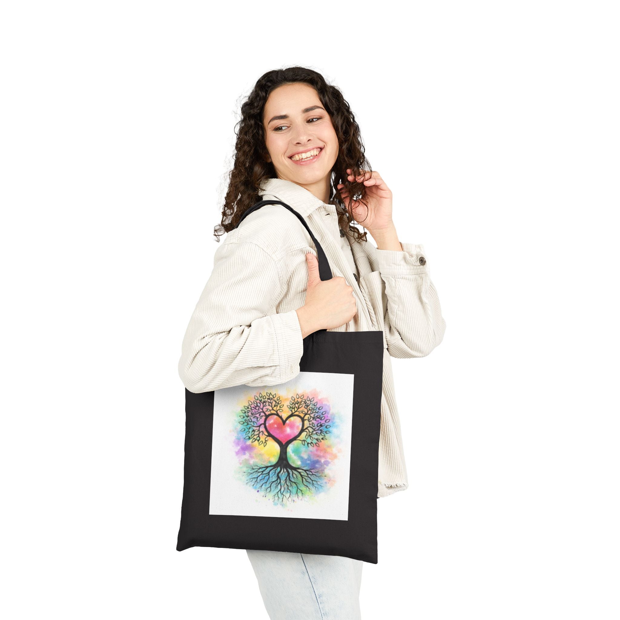 Rainbow Heart Tree Tote Bag | Cotton Canvas Tote, Boho Nature Design