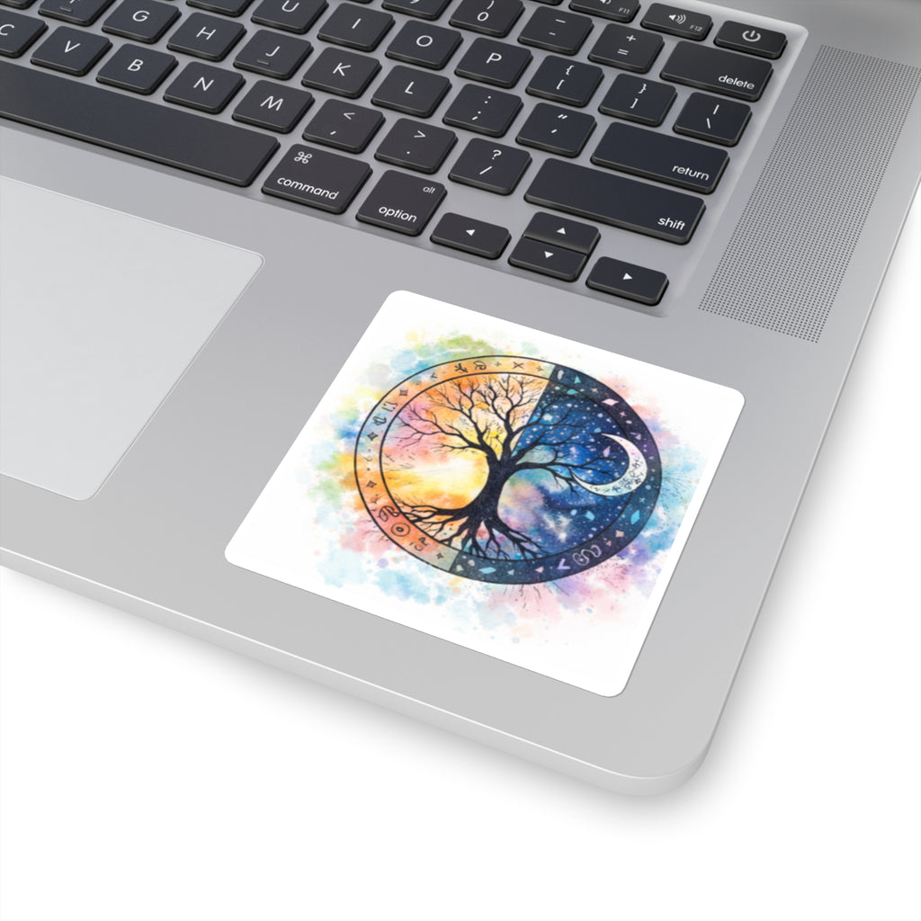 Yin Yang Tree of Life Square Stickers | Day Night Watercolor Astrology