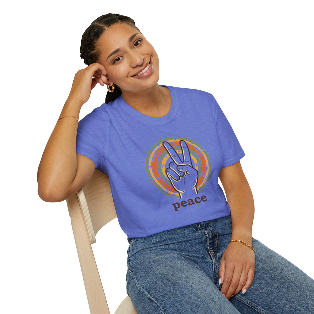 Peace Hand Sign T-Shirt | Retro Rainbow Circle, Vintage Hippie Vibe
