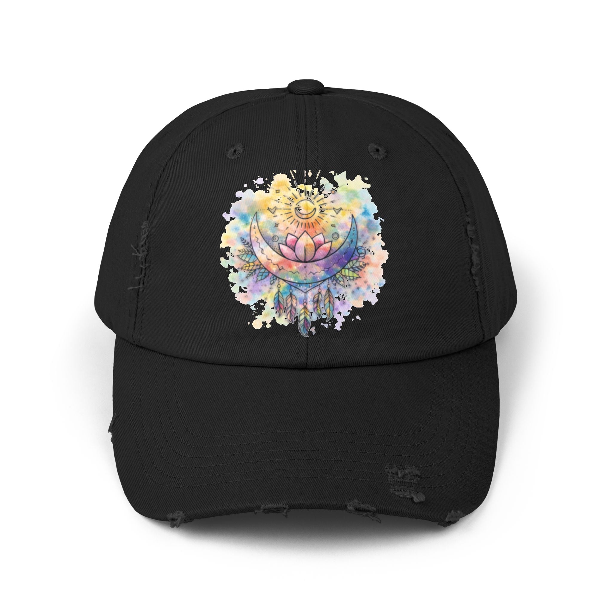 Distressed Cap with Watercolor Lotus & Crescent Moon — Boho Yoga Hat
