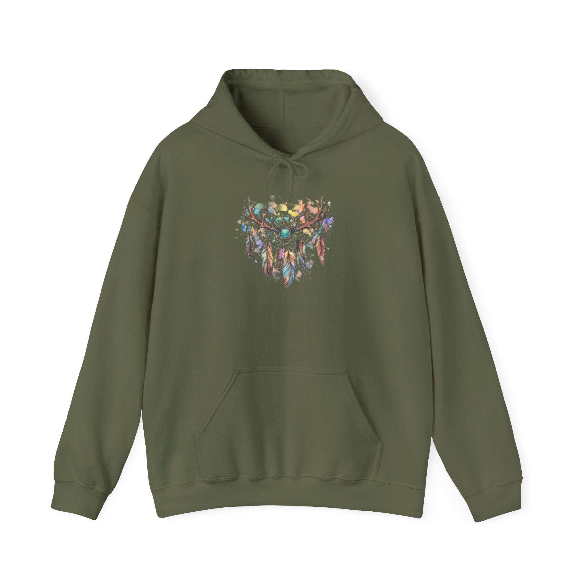Dreamcatcher Antler Hoodie — Watercolor Feathers & Floral Boho Sweatshirt