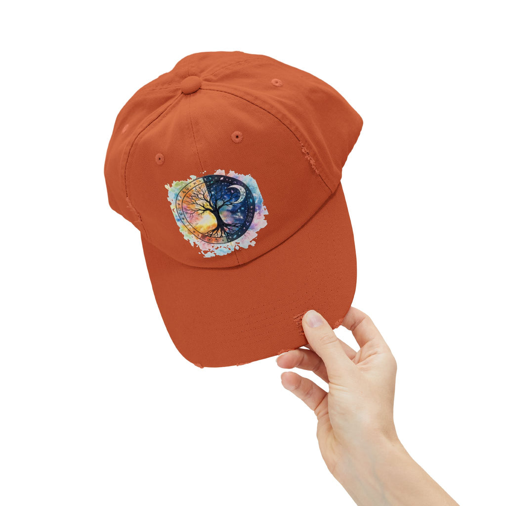Distressed Cap — Watercolor Yin Yang Tree Baseball Hat
