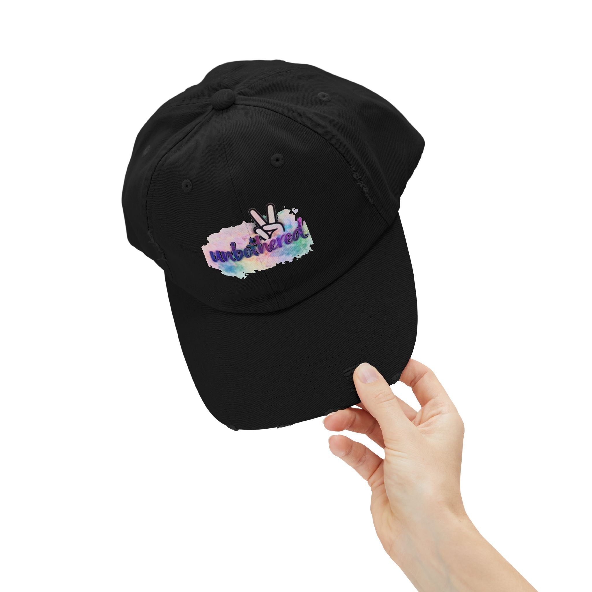 Unbothered Distressed Cap — Pastel Peace Sign Baseball Hat