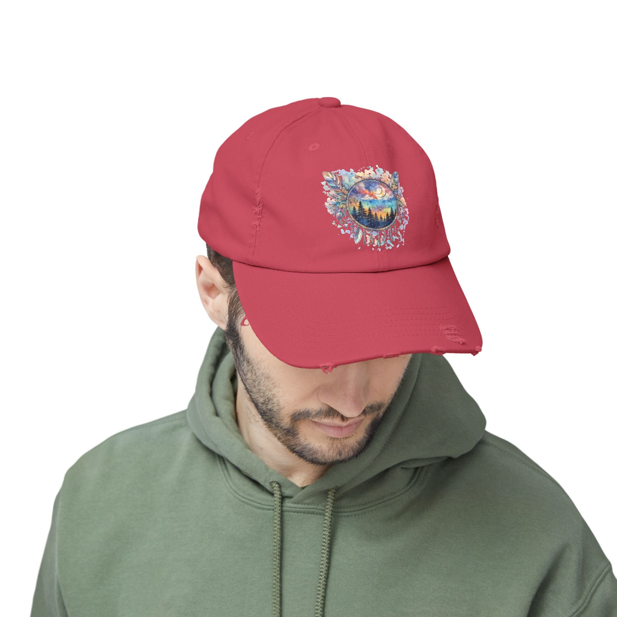 Wolf Moon Distressed Cap — Watercolor Nightscape Hat