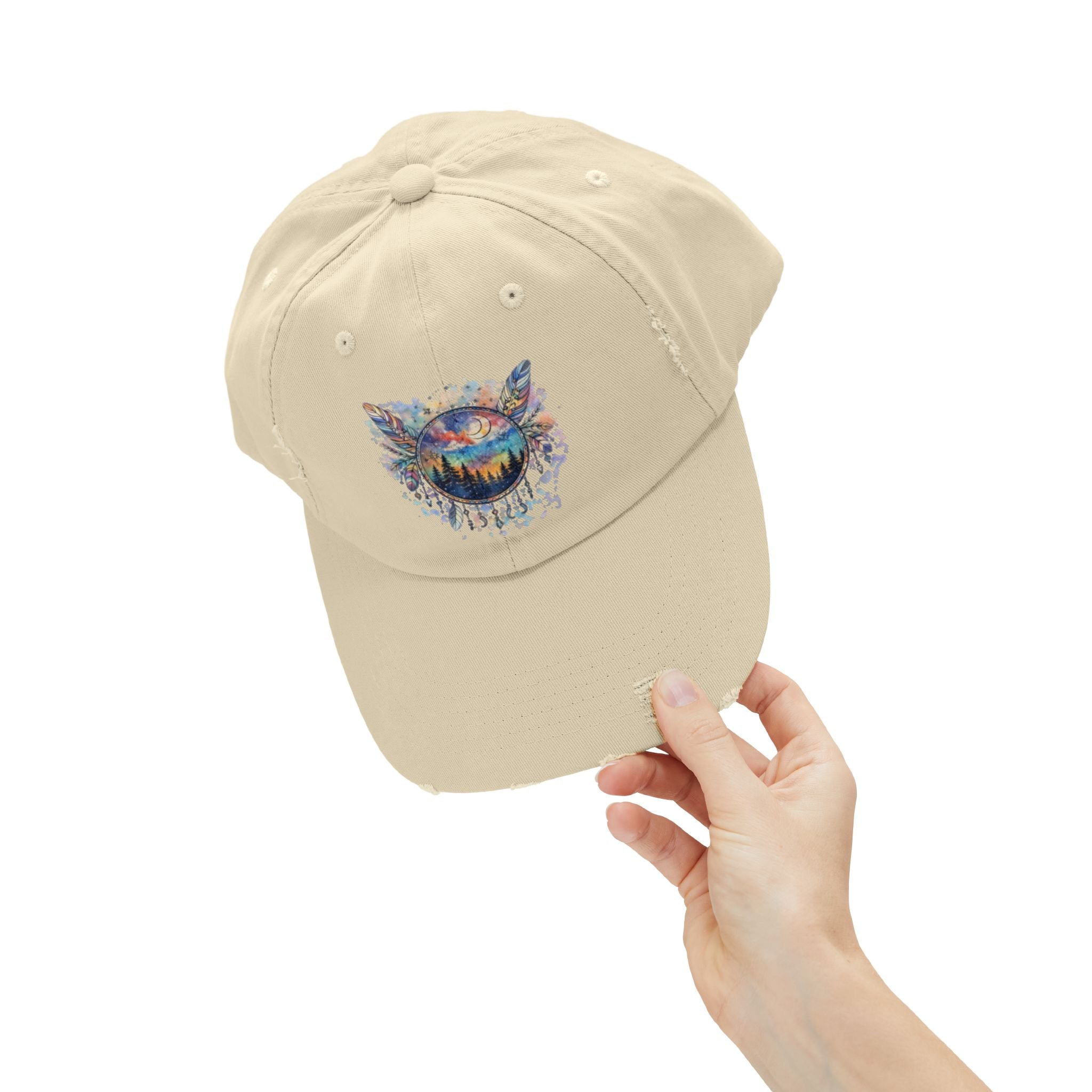 Wolf Moon Distressed Cap — Watercolor Nightscape Hat