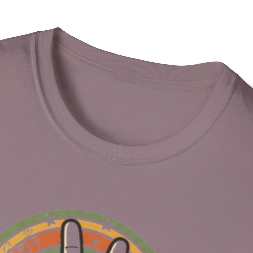Peace Hand Sign T-Shirt | Retro Rainbow Circle, Vintage Hippie Vibe