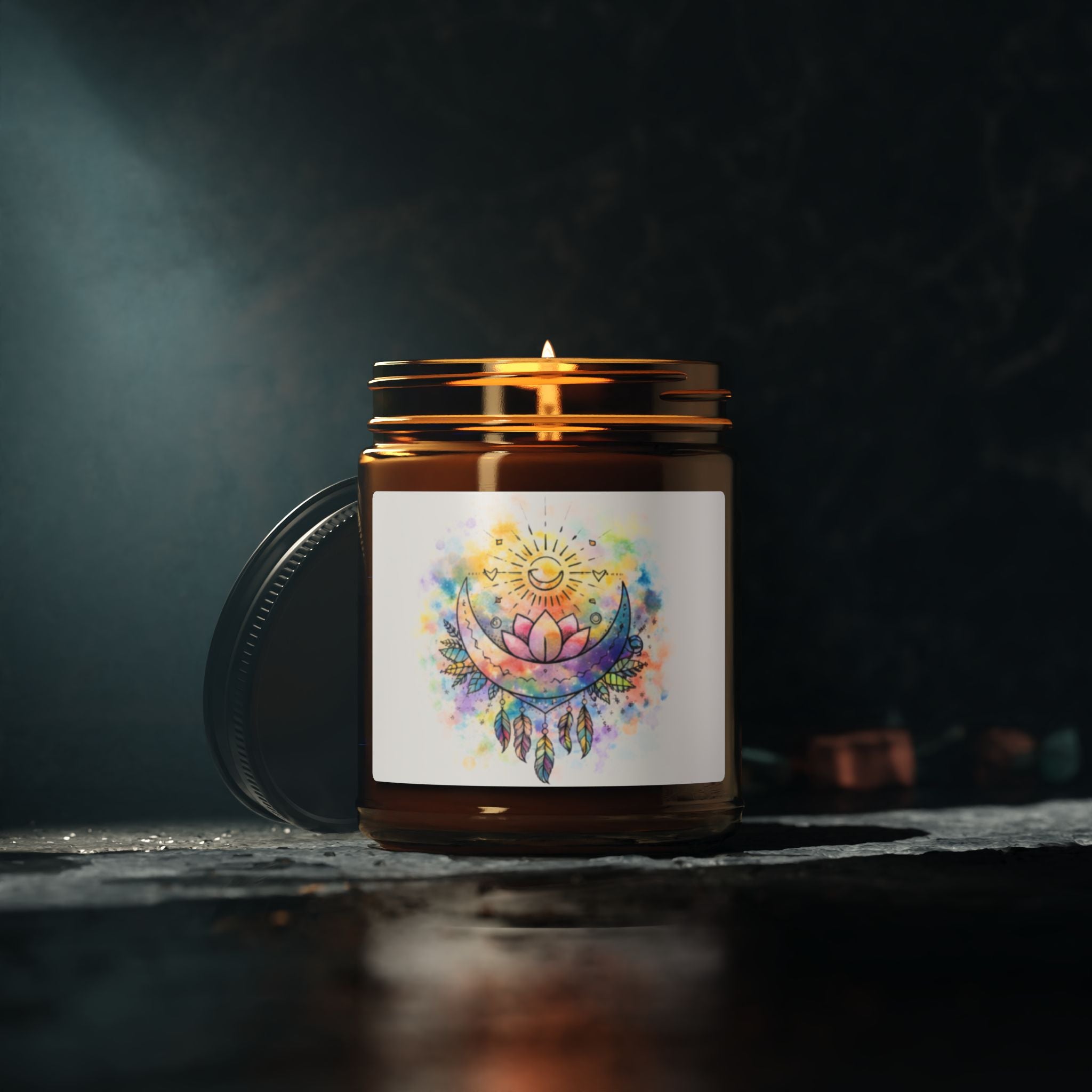 Sun & Moon Lotus Soy Candle — Watercolor Scented Amber Jar (Multi-Size & Scents)