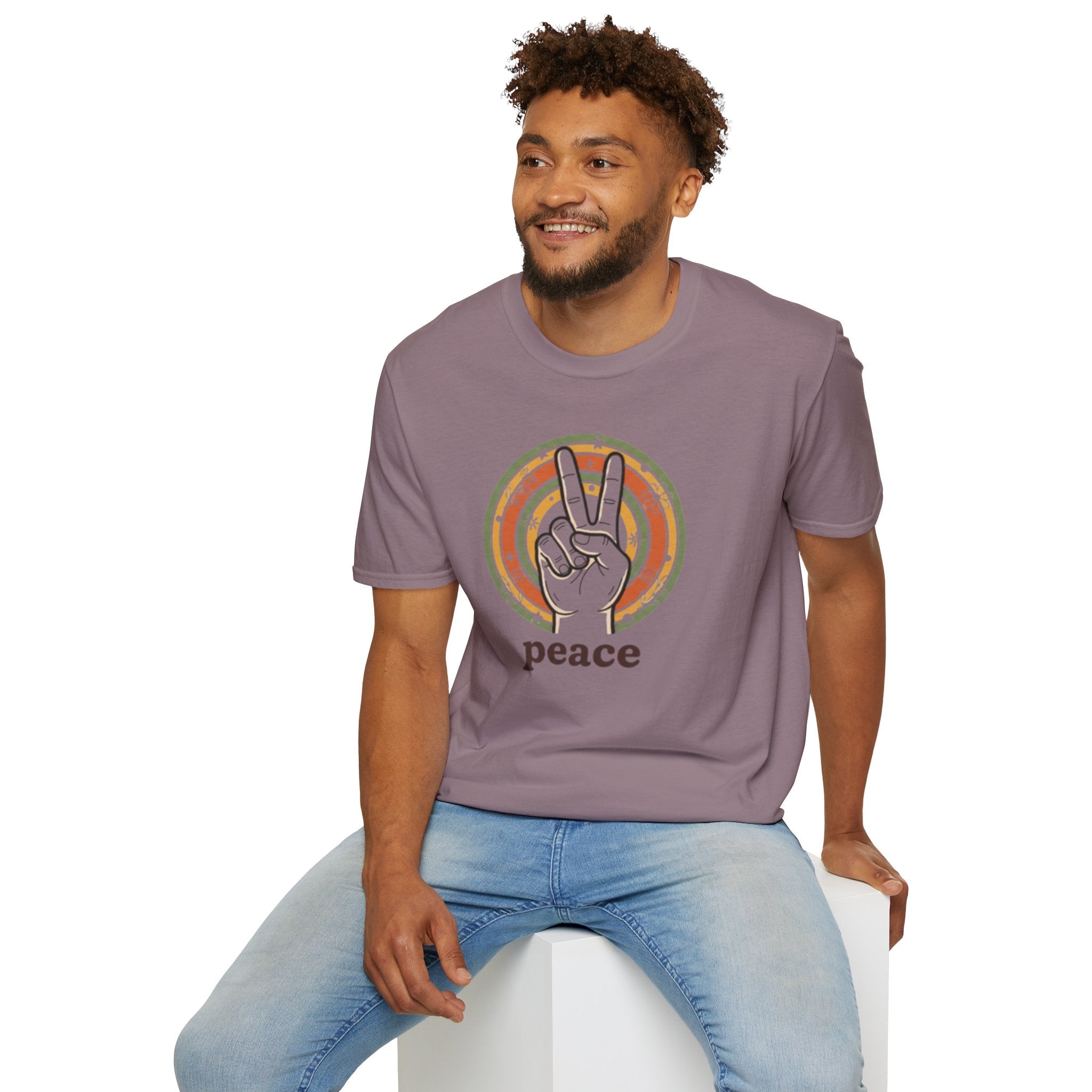 Peace Hand Sign T-Shirt | Retro Rainbow Circle, Vintage Hippie Vibe