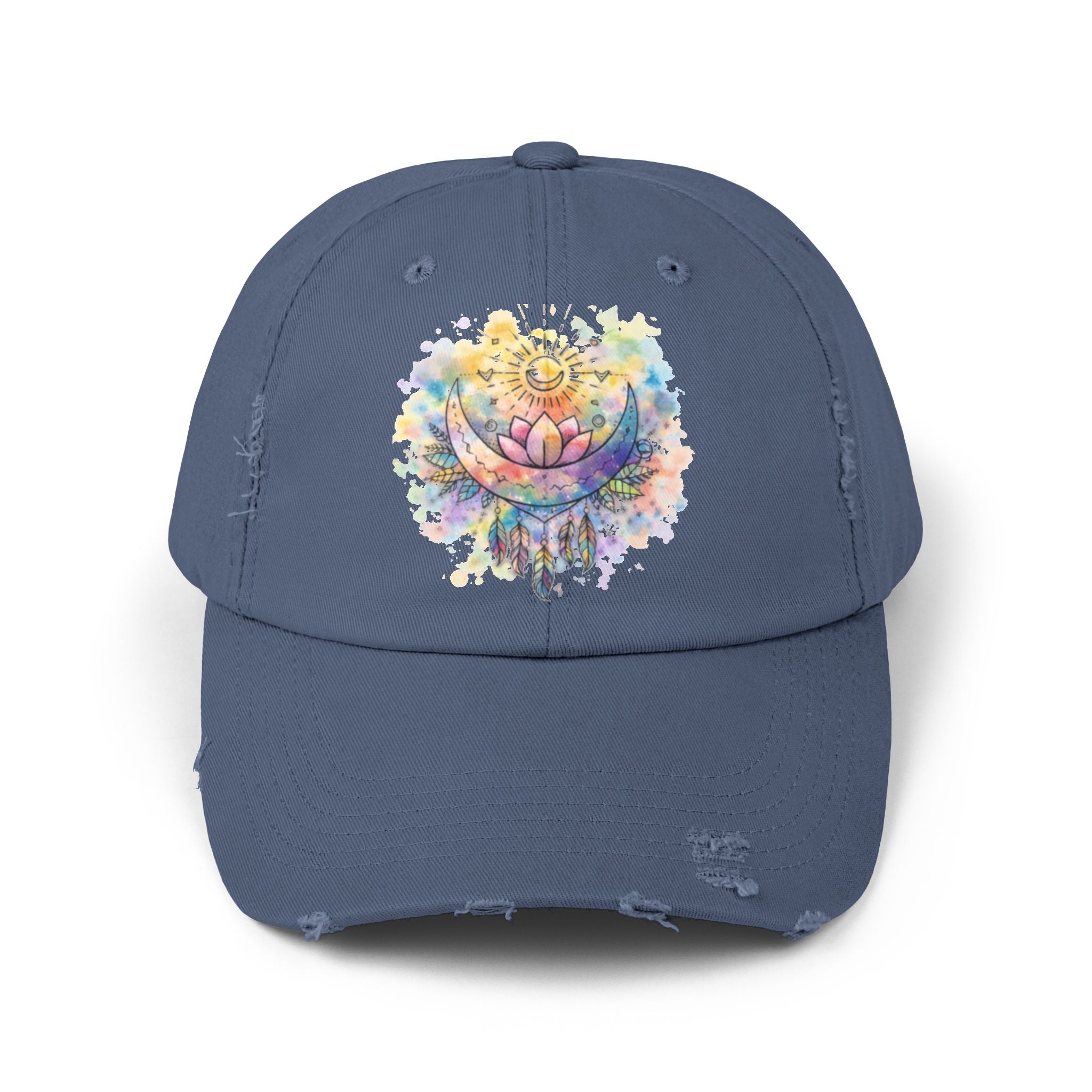 Distressed Cap with Watercolor Lotus & Crescent Moon — Boho Yoga Hat