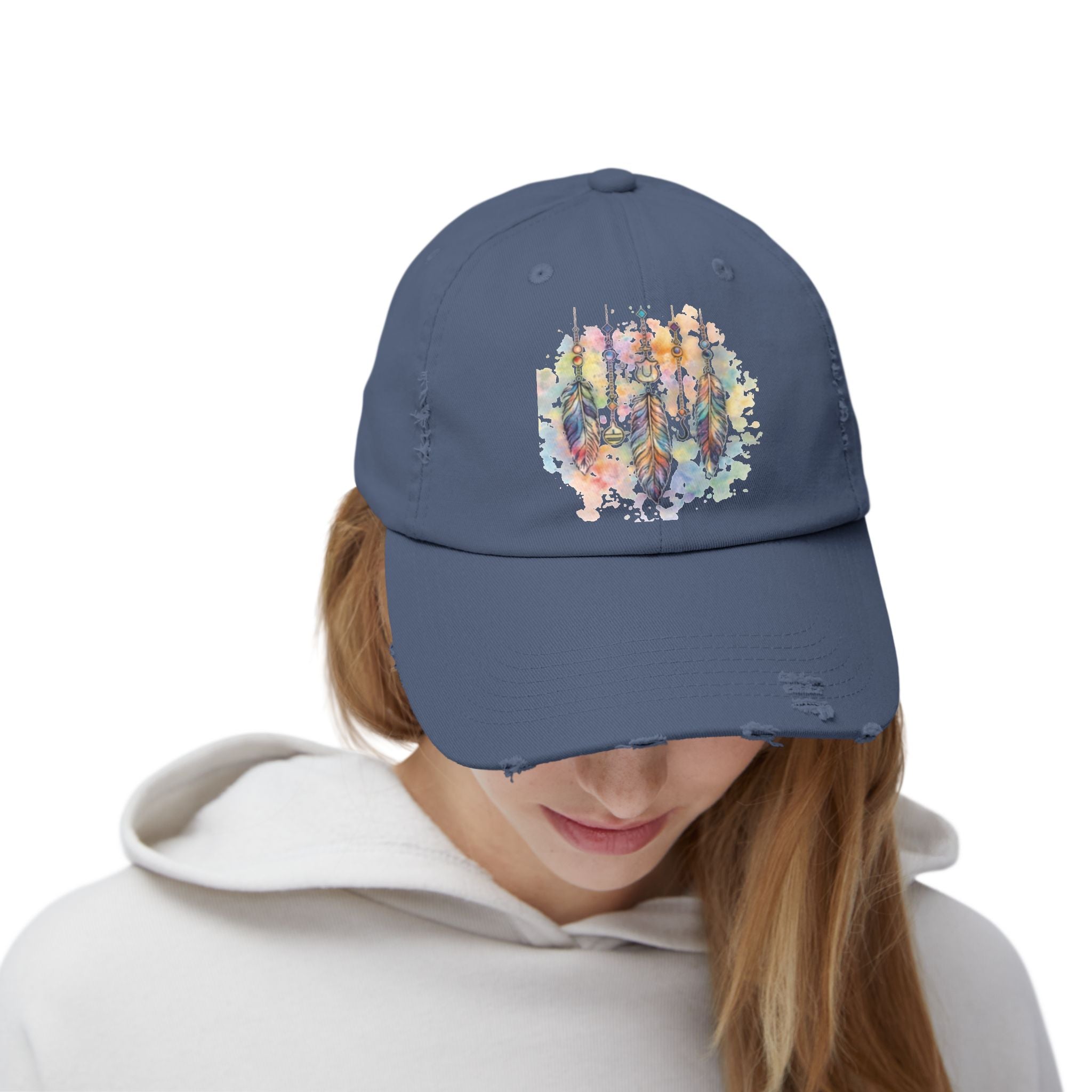 Distressed Cap with Watercolor Dreamcatcher Design