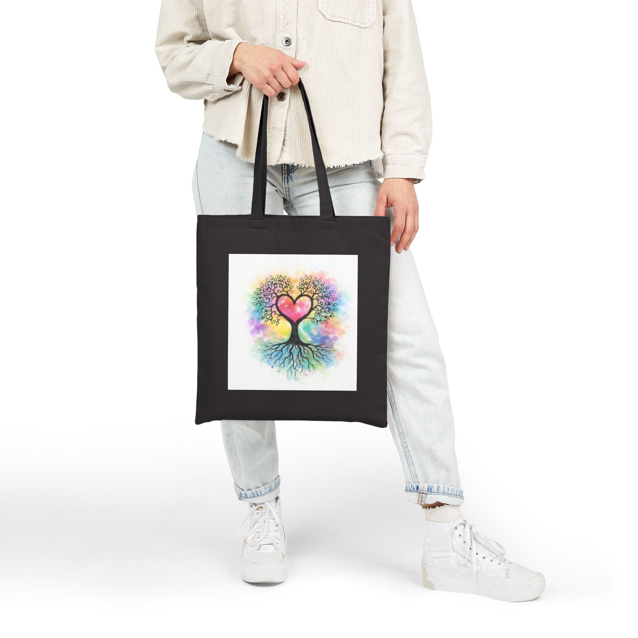 Rainbow Heart Tree Tote Bag | Cotton Canvas Tote, Boho Nature Design