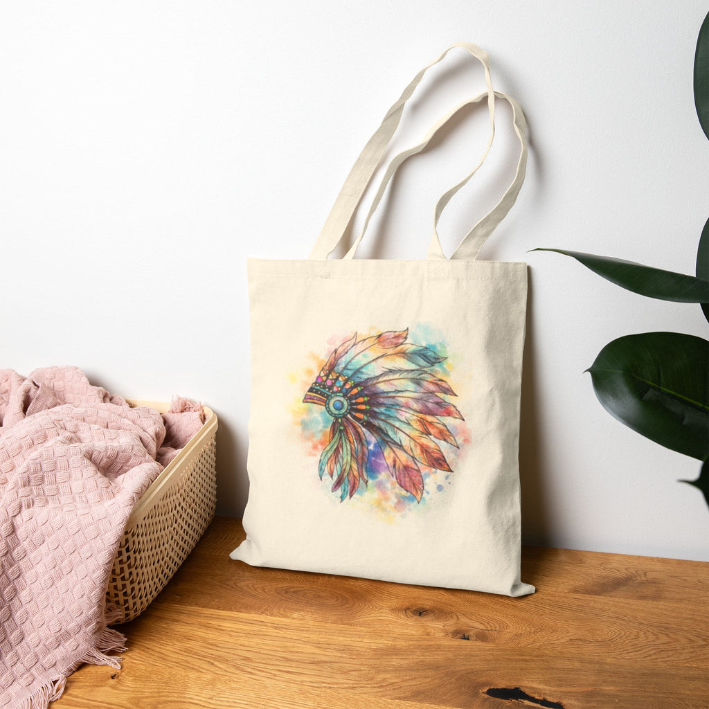 Watercolor Native Headdress Tote Bag | Feather Boho Canvas