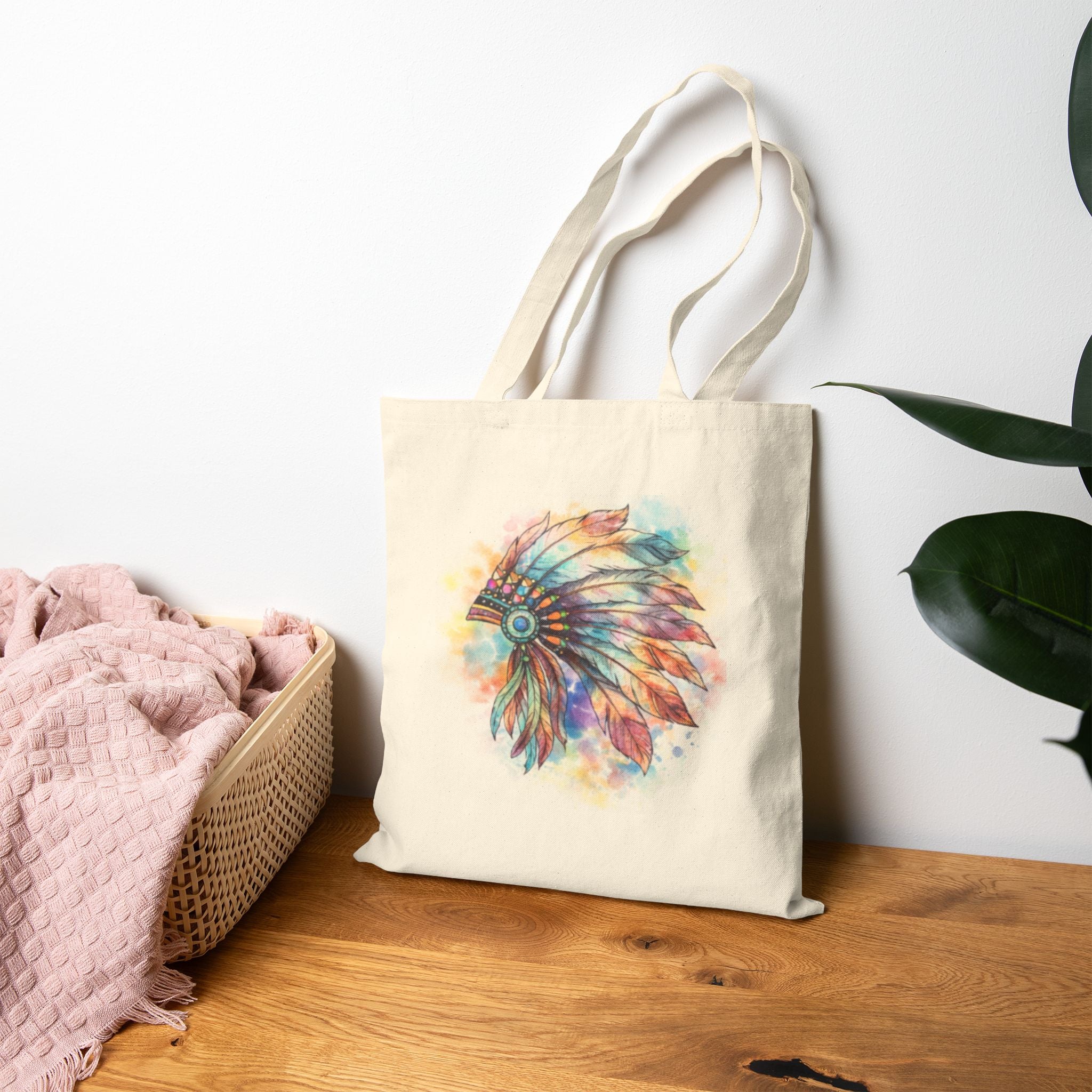 Watercolor Native Headdress Tote Bag | Feather Boho Canvas