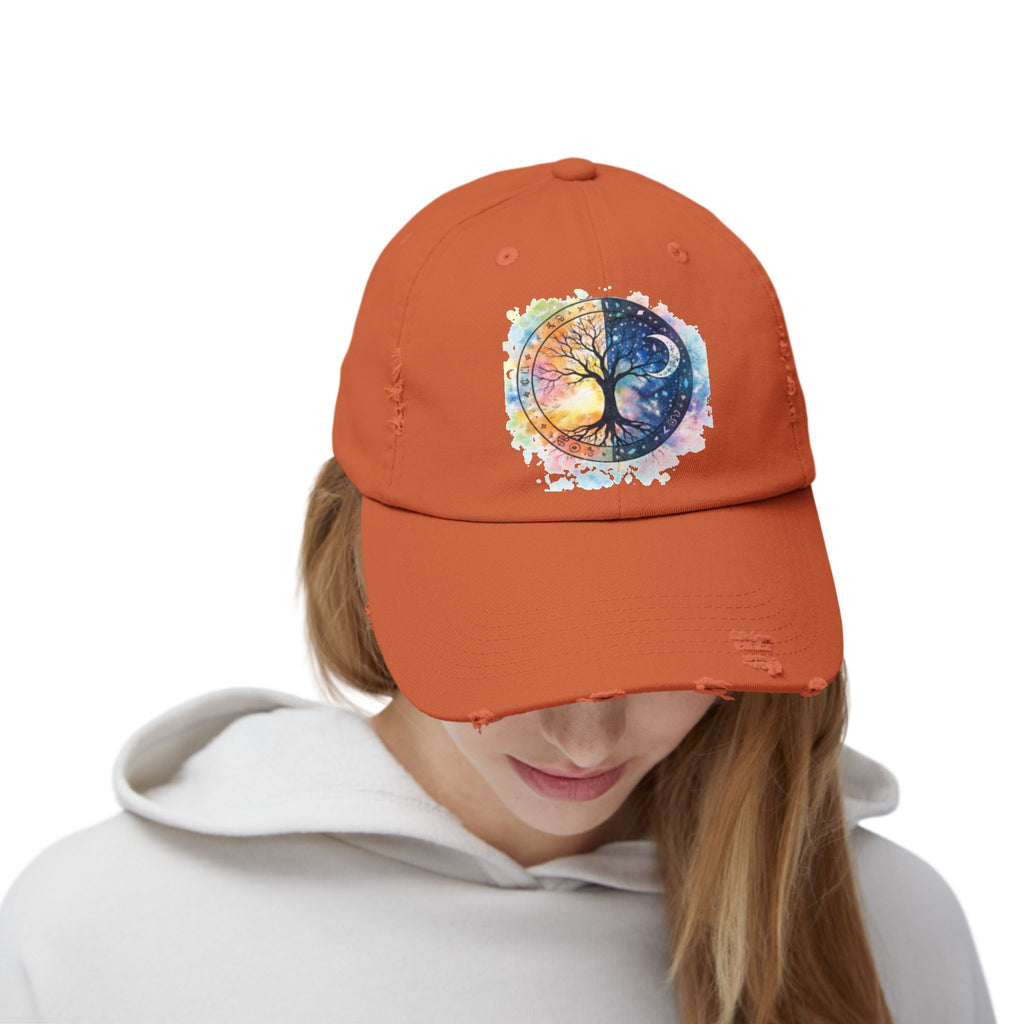 Distressed Cap — Watercolor Yin Yang Tree Baseball Hat