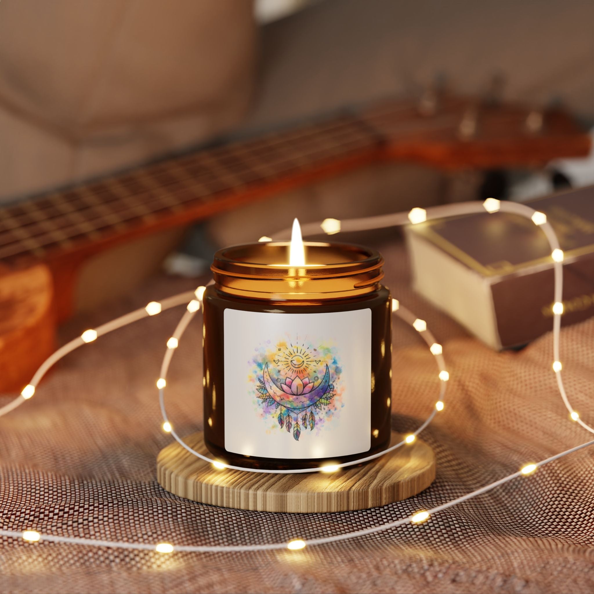 Sun & Moon Lotus Soy Candle — Watercolor Scented Amber Jar (Multi-Size & Scents)