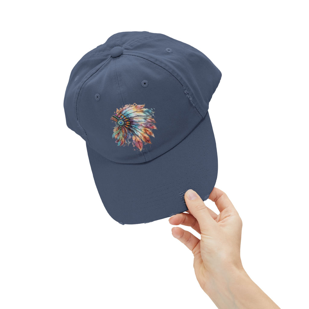 Distressed Cap with Colorful Watercolor Native Feather Headdress